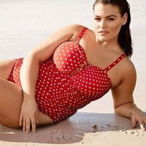 Torrid size 6 red polka dot strapless one piece swimsuit.